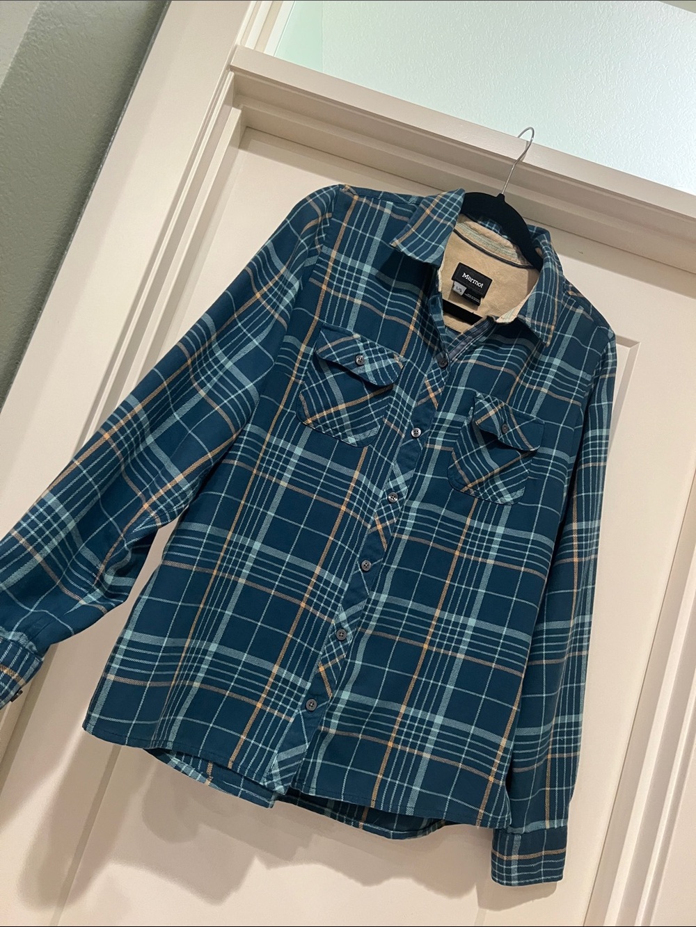 Marmot Teal and Light Blue Plaid Button-Down Shirt